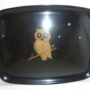 Vintage Couroc of Monterey CA Black Tray With Inlaid Owl & Stars MCM 12.5" x 9.5